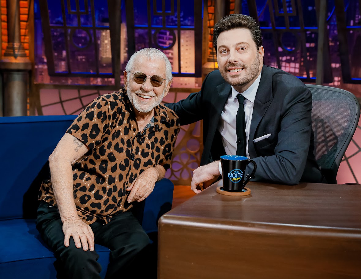 Nelson Motta e Thór Junior no "The Noite" (Créditos: Lourival Ribeiro/SBT)