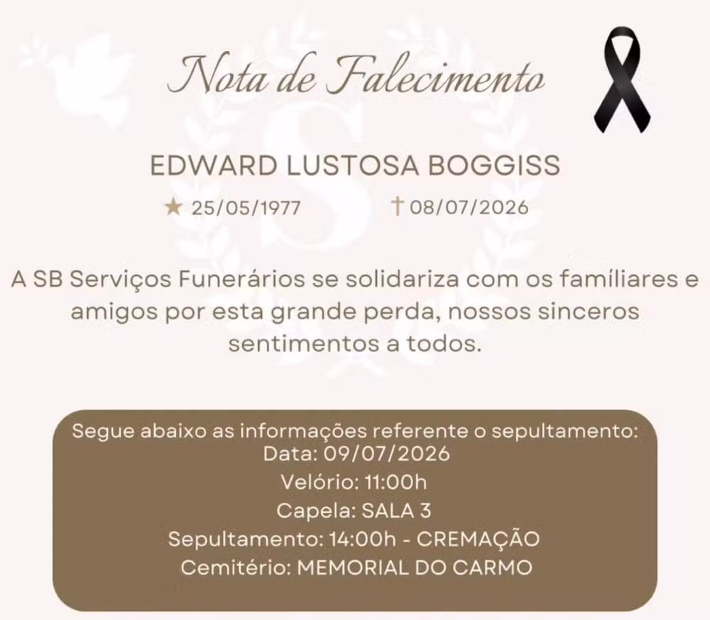 Comunicado do Velório de Edward Boggiss— Foto- Reprodução:Instagram