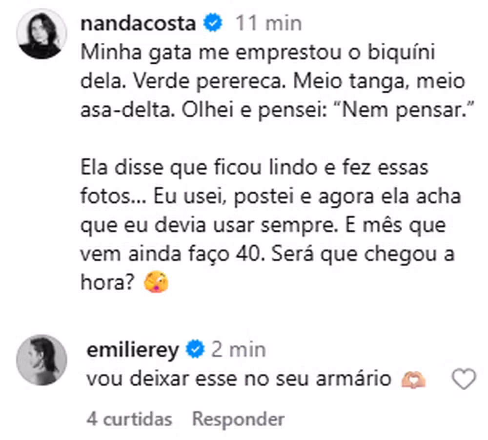 Nanda Costa faz publicação e Emilie Rey responde — Foto: Reprodução Instagram